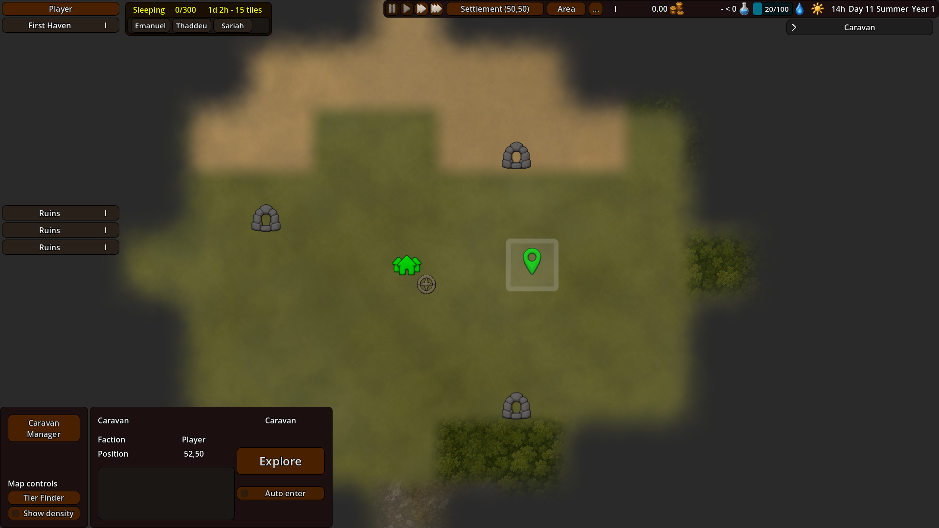 RuneEra world map showing the player settlement, a selected caravan and three nearby ruins surrounded by unexplored terrain.