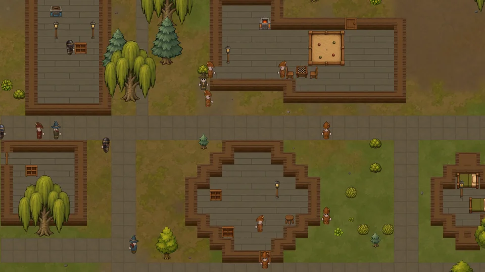 RuneEra guild members walking between furnished wooden rooms and stone paths.
