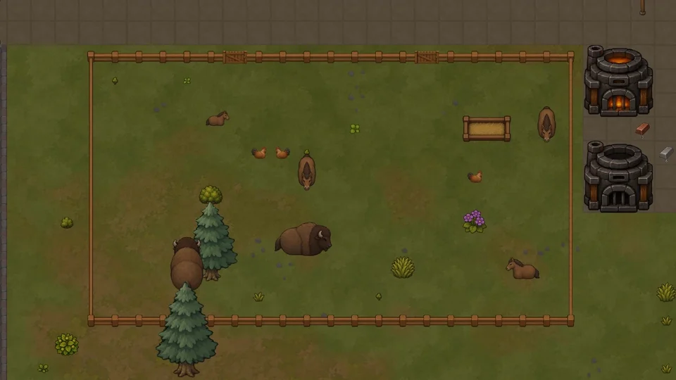 Tamed animals in a settlement enclosure.